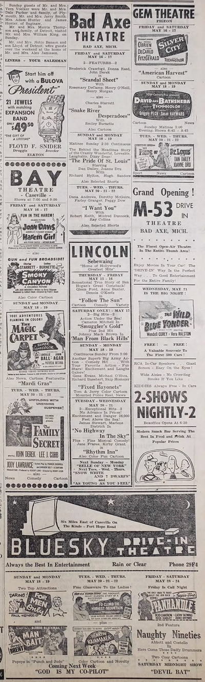 Blue Sky Drive-In Theatre - PIGEON PROGRESS FRI MAY 16 1952 THEATER ADS